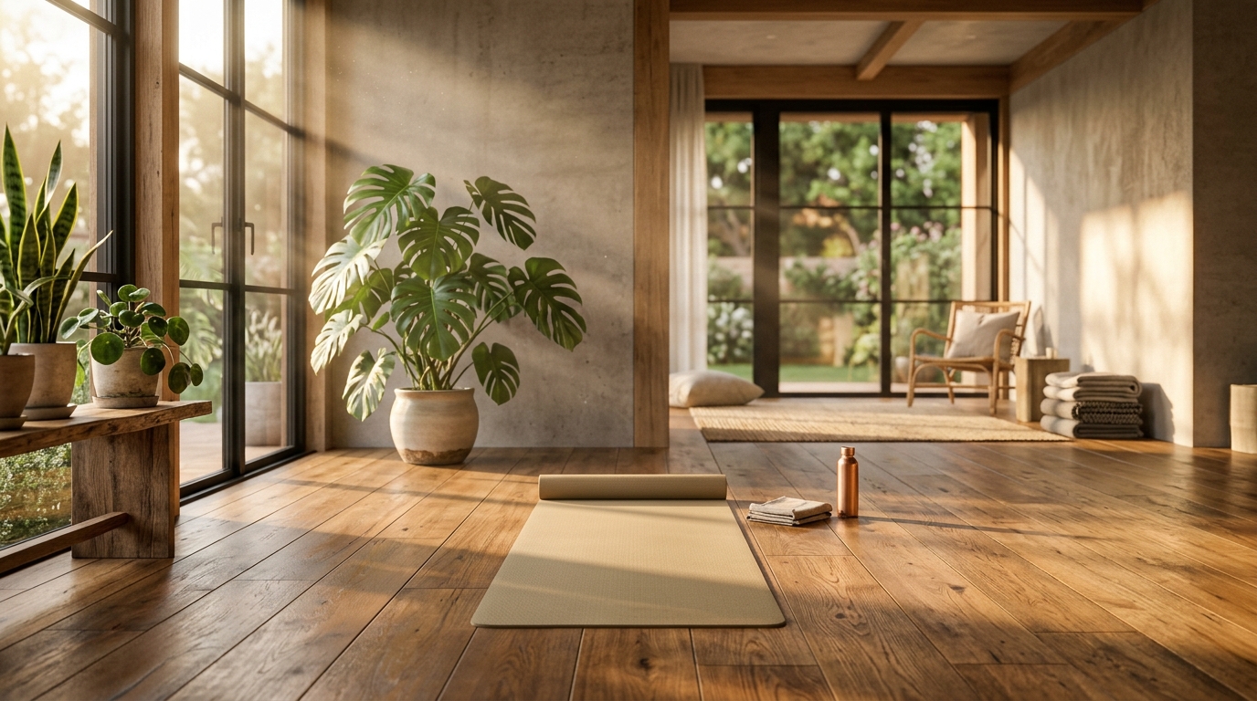 Serene morning yoga studio bathed in warm golden sunrise light